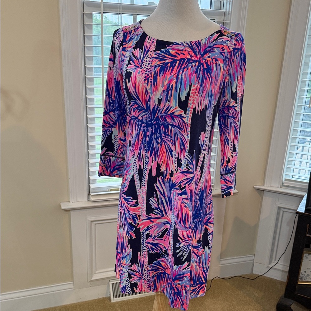 Lilly Pulitzer Navy Shift Dress with Pink & Purple Palm Print